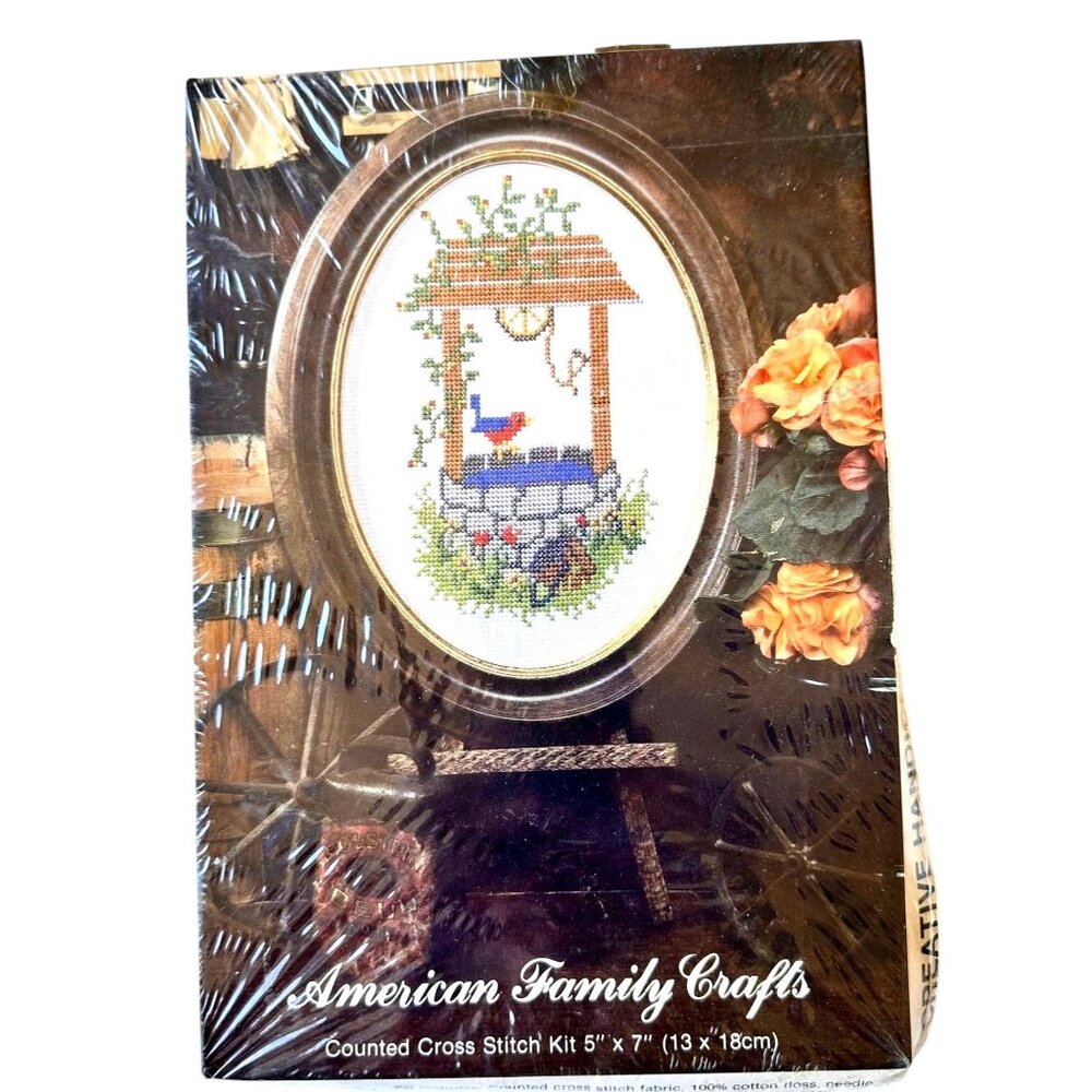 American Family Crafts Counted Cross Stitch Kit 5706 Wishing Well 5 x 7  Frame